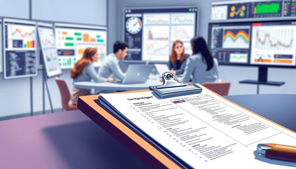A well-lit, detailed illustration depicting the key "hard" project management skills. In the foreground, a clipboard with neatly organized task lists, Gantt charts, and resource allocation documents. In the middle ground, a team of professionals collaborating, using laptops and whiteboards to coordinate timelines, budgets, and deliverables. The background showcases advanced project management software interfaces, displaying data visualizations, risk assessments, and performance metrics. The scene conveys a sense of precision, efficiency, and a methodical approach to complex project execution. A well-lit, detailed illustration depicting the key "hard" project management skills. In the foreground, a clipboard with neatly organized task lists, Gantt charts, and resource allocation documents. In the middle ground, a team of professionals collaborating, using laptops and whiteboards to coordinate timelines, budgets, and deliverables. The background showcases advanced project management software interfaces, displaying data visualizations, risk assessments, and performance metrics. The scene conveys a sense of precision, efficiency, and a methodical approach to complex project execution.